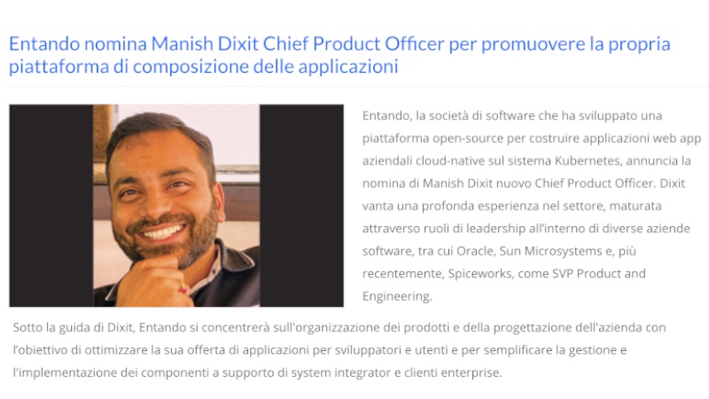 Comunicato stampa — Entando nomina Manish Dixit Chief Product Officer