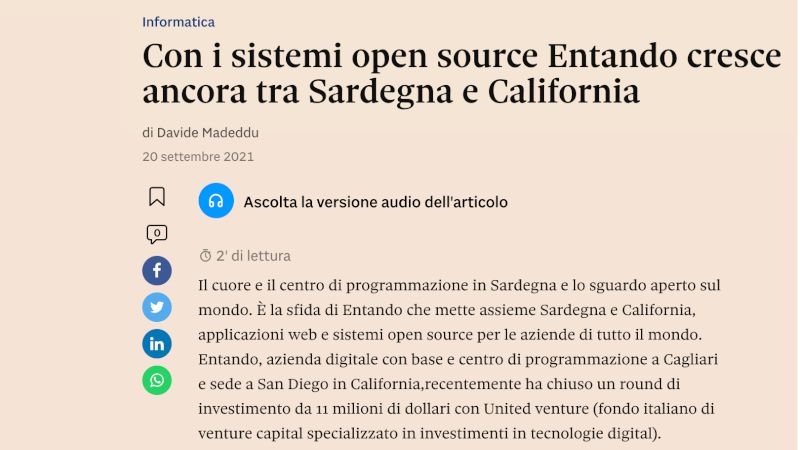 Articolo stampa — Con i sistemi open source Entando cresce tra Sardegna e California