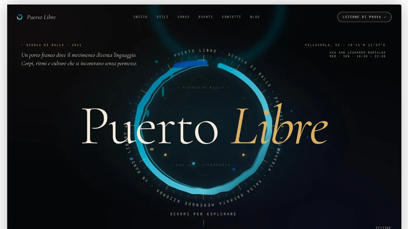 Puerto Libre - Scuola di danza, onepage costruita sull'effetto wow