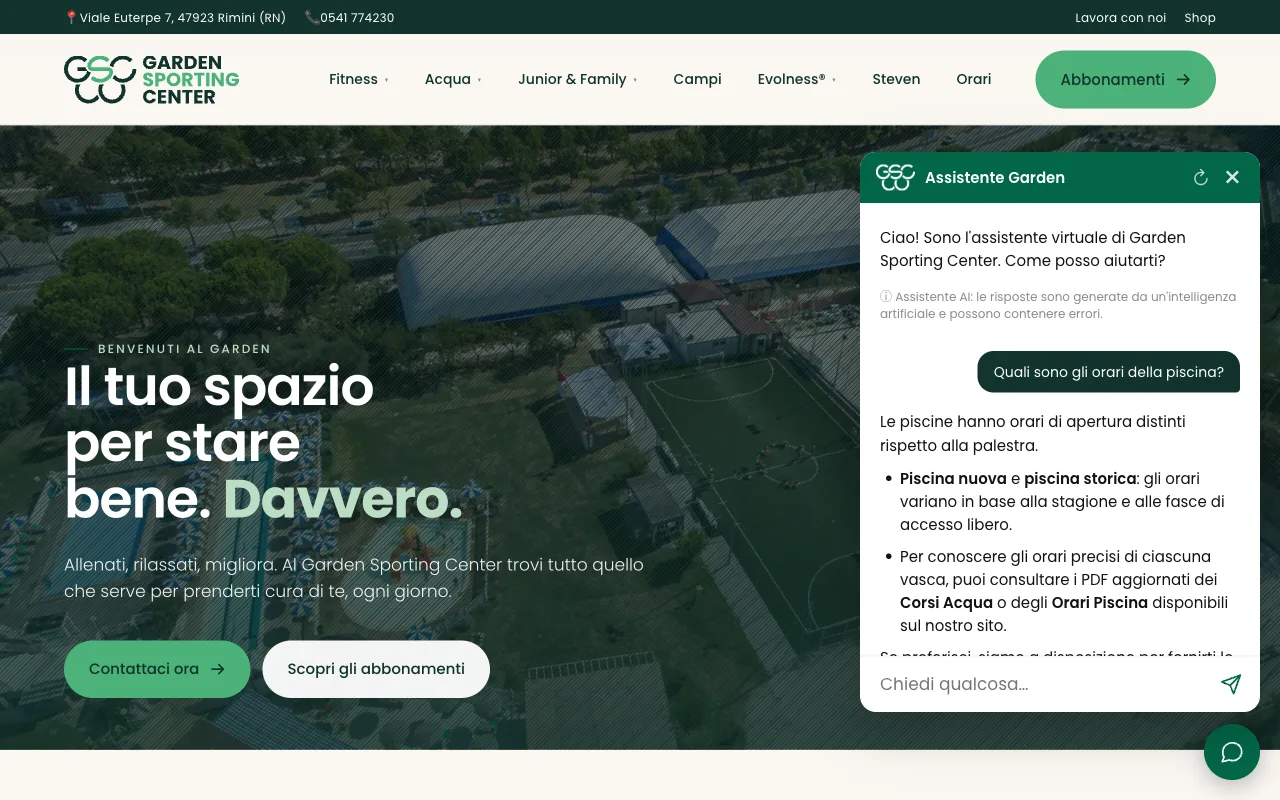 Il chatbot AI di Garden Sporting Center mentre risponde a un visitatore