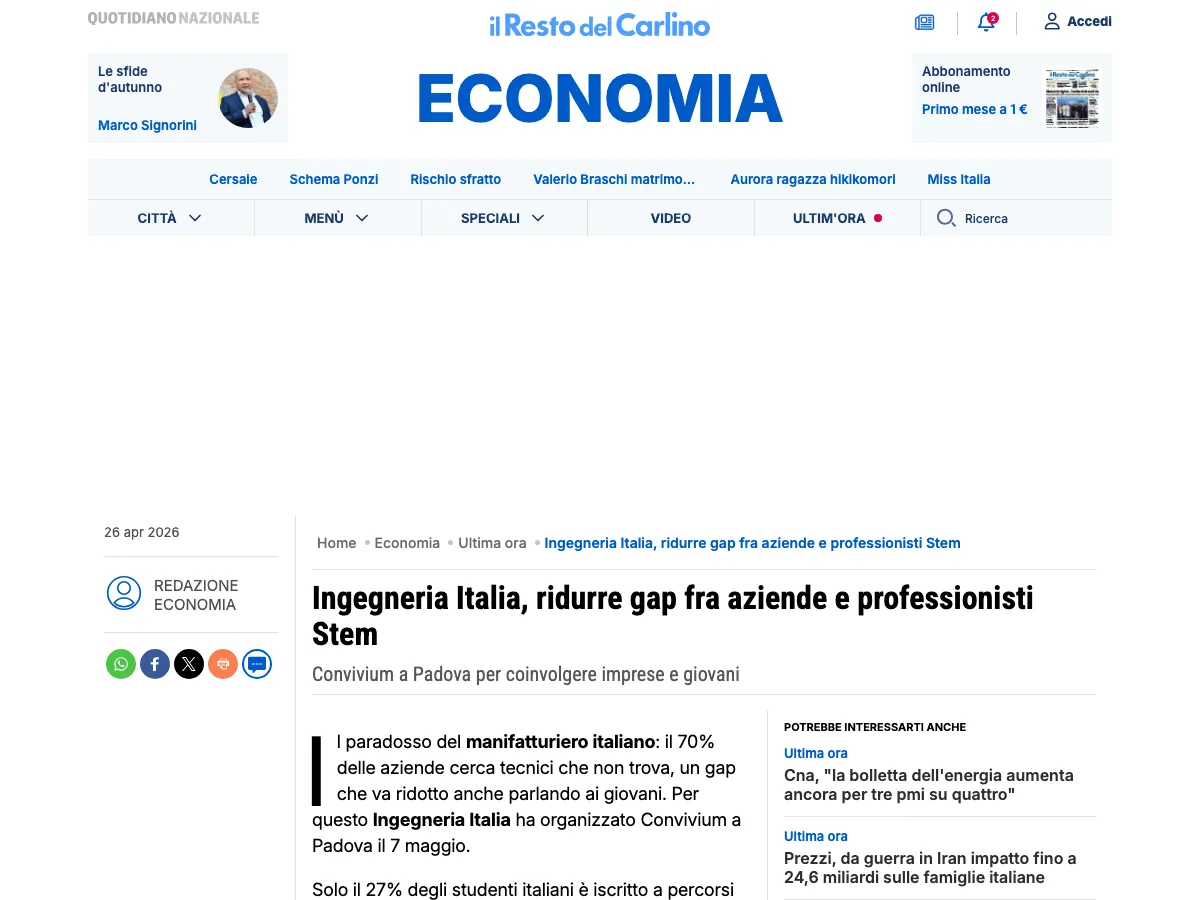Ingegneria Italia, Uscita su Il Resto del Carlino, Economia