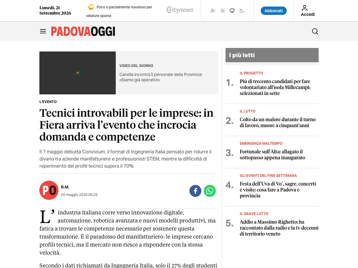 Ingegneria Italia, Uscita su Padova Oggi