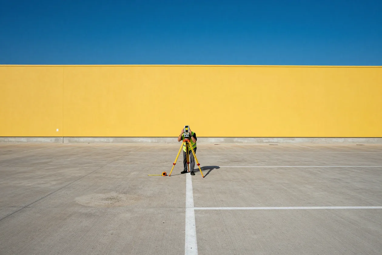 A lone surveyor measuring on a vast empty concrete apron