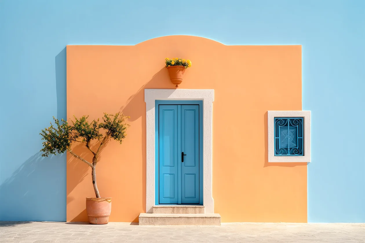 Porta azzurra su una facciata arancione, il punto d'ingresso a una categoria d'acquisto