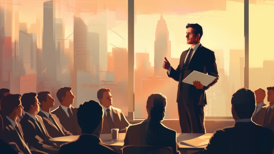 Work meeting at an agency, one person presenting to colleagues