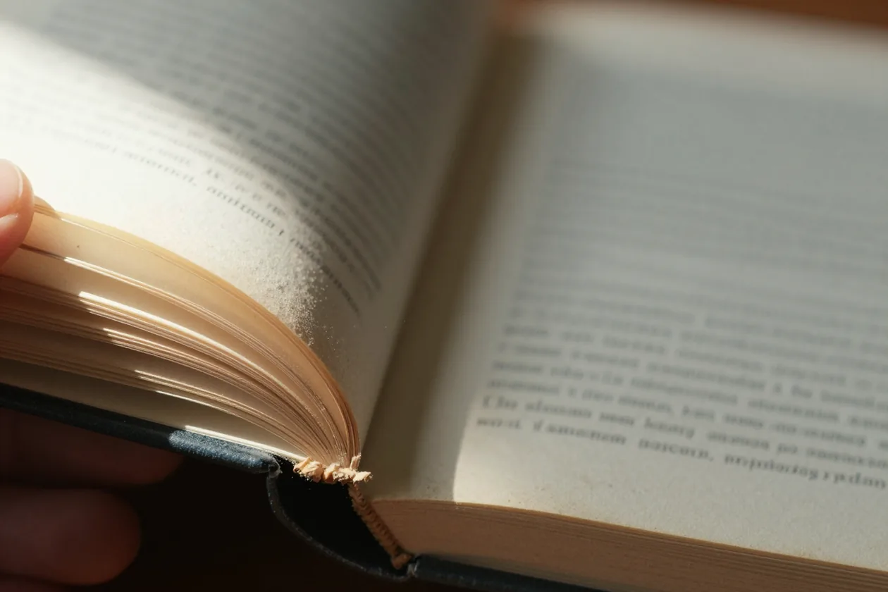 Macro di un pollice che apre a ventaglio le pagine ingiallite di un libro