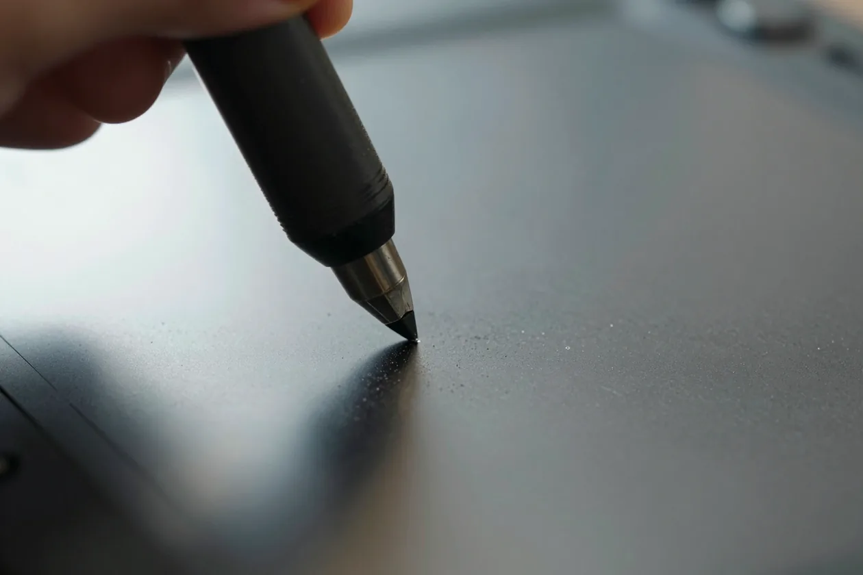 Macro della punta di uno stilo che preme su una tavoletta grafica graffiata
