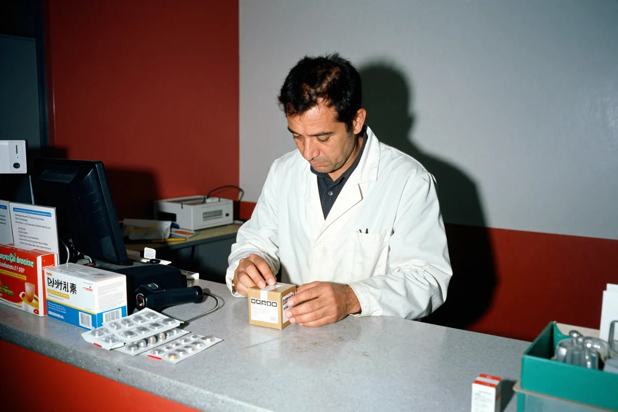 Un farmacista legge il lato di una scatola al bancone, sotto il flash diretto