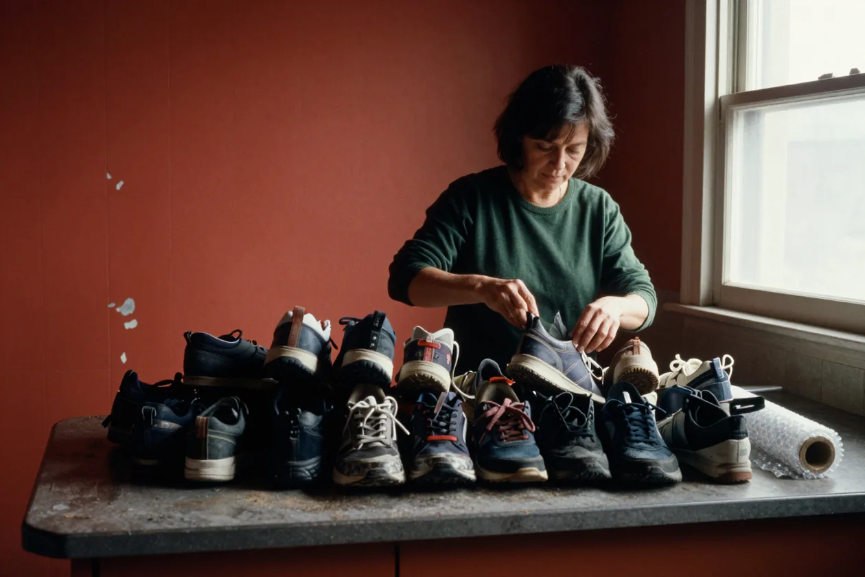 Una donna divide delle scarpe in due pile su un piano di cucina