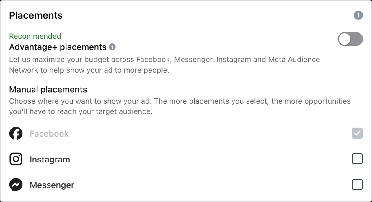 Posizionamenti del post in evidenza: Advantage+ consigliato oppure manuale su Facebook, Instagram e Messenger