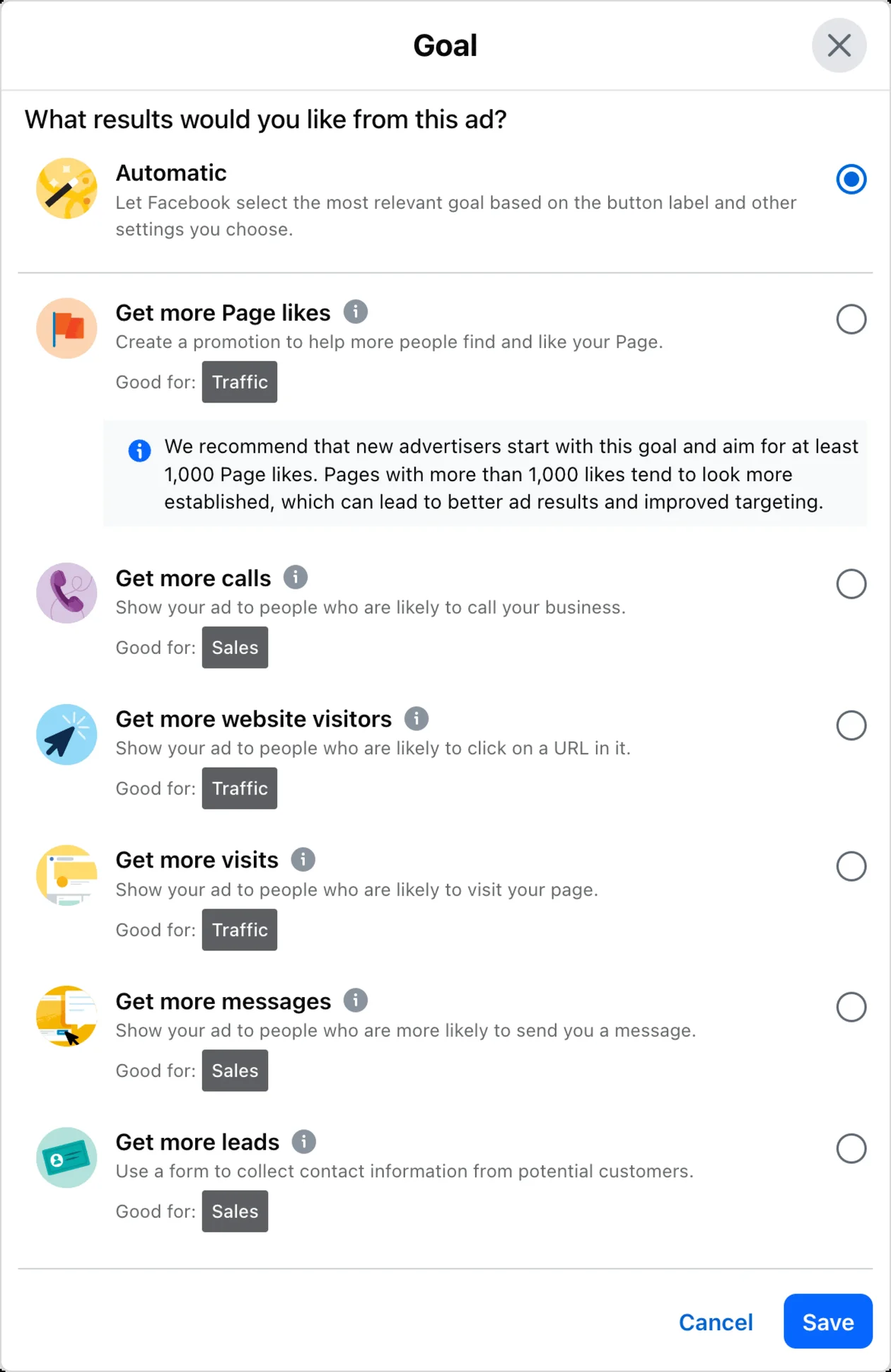 Finestra Obiettivo del post in evidenza su Facebook: Automatico, Mi piace alla Pagina, chiamate, sito, messaggi, contatti