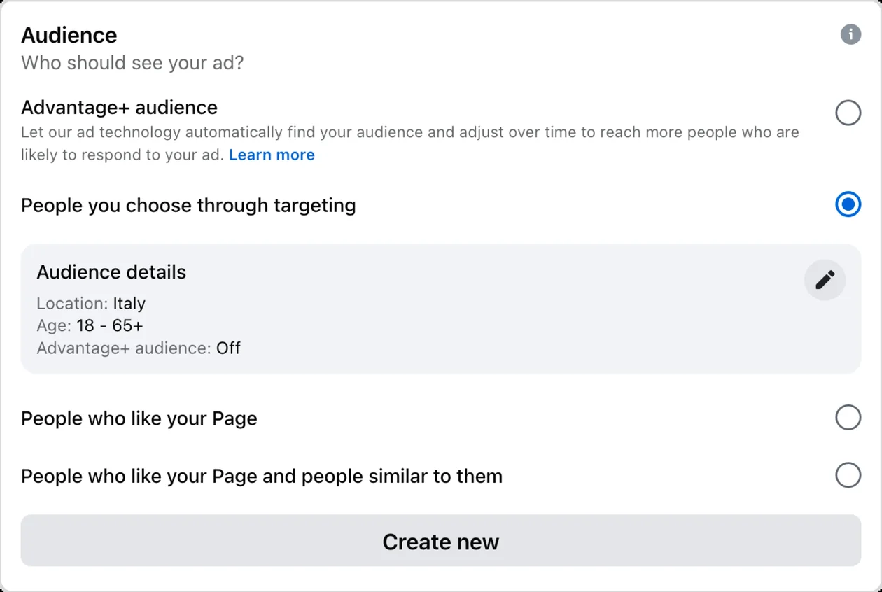 Le quattro scelte di pubblico del post in evidenza: Advantage+, persone che scegli, chi segue la Pagina, persone simili