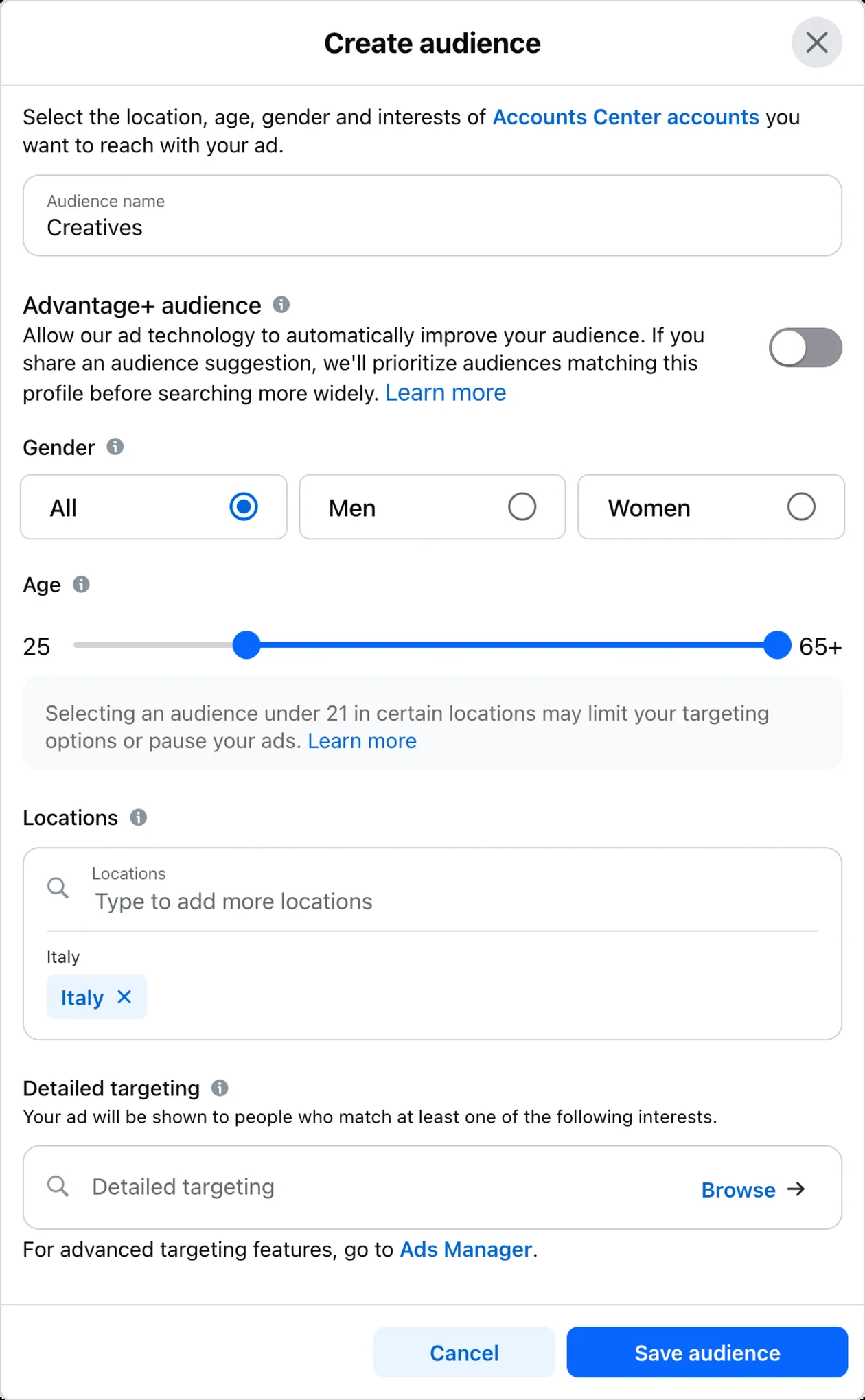Modulo Crea pubblico del post in evidenza: Pubblico Advantage+, genere, età, luoghi, targetizzazione dettagliata